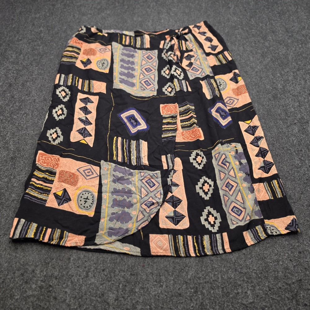 Zero Zero Midi Skirt Womens 2X Black Multicolor Geometric Tribal Rayon Tie Waist